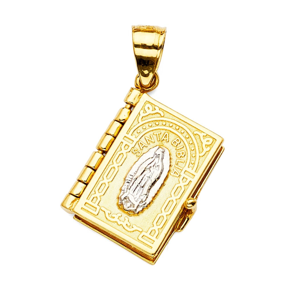 14K 2T BIBLE BOOK IN SPANISH: 14K 2T Bible Book in Spanish Type: Pendant Material Type: 14k Gold Material Color: Two Tone Avg. Weight: 2.92 Gr. Size: Height : 25 mm,Width : 14 mm Accessories: None Notice: When purchasing