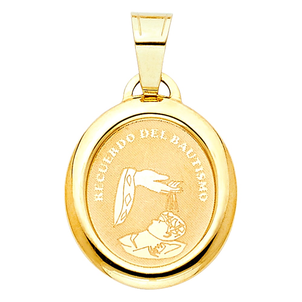 14KY BAPTISM PENDANT: 14KY Baptism Pendant Type: Pendant Material Type: 14k Gold Material Color: Yellow Avg. Weight: 0.92 Gr. Size: Height : 17 mm Width : 11 mm Accessories: None Notice: When purchasing pre-owned goods,