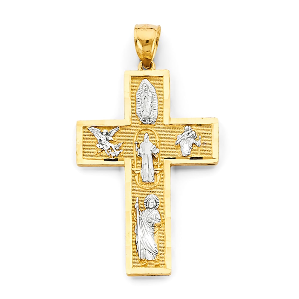 14K 2T RELIGIOUS CROSS PENDANT: 14K 2T Religious Cross Pendant Type: Pendant Material Type: 14k Gold Material Color: Two Tone Avg. Weight: 5.19 Gr. Size: Height : 45 mm, Width : 25 mm Accessories: None Notice: When purchasing