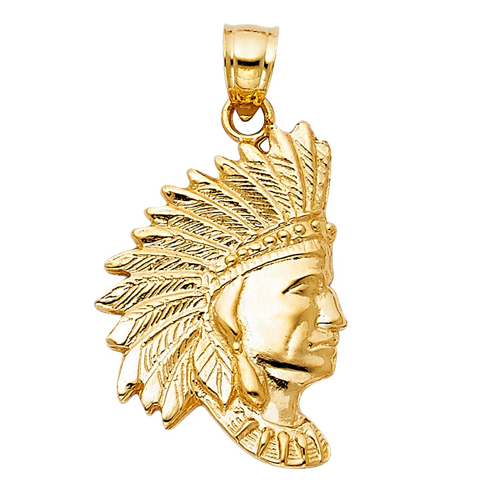 14KY INDIAN PENDANT: 14KY Indian Pendant Type: Pendant Material Type: 14k Gold Material Color: Yellow Avg. Weight: 2.37 Gr. Size: Height : 23 mm,Width : 16 mm Accessories: None Notice: When purchasing pre-owne