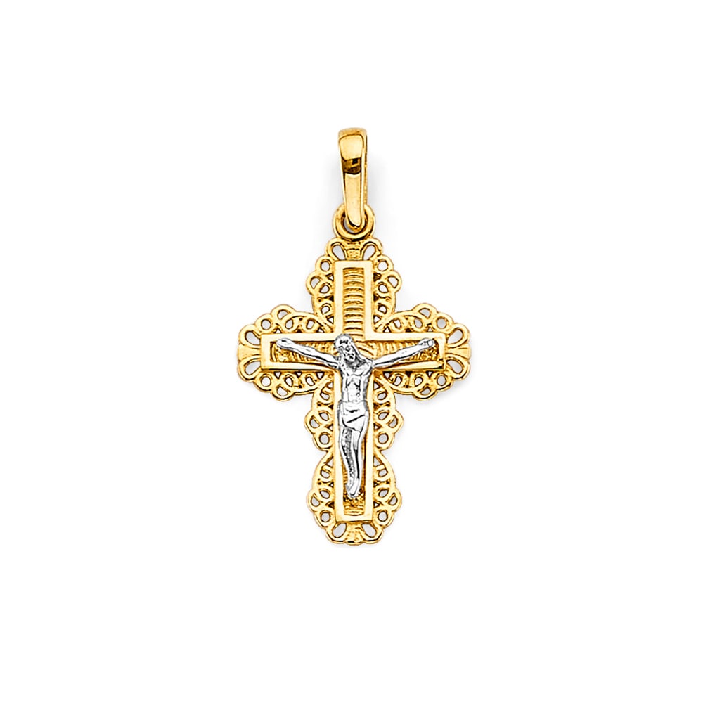 14K 2T CRUCUFIX CROSS PENDANT: 14K 2T Crucufix Cross Pendant Type: Pendant Material Type: 14k Gold Material Color: Two Tone Avg. Weight: 0.9 Gr. Size: Height : 25 mm, Width : 15 mm Accessories: None Notice: When purchasing