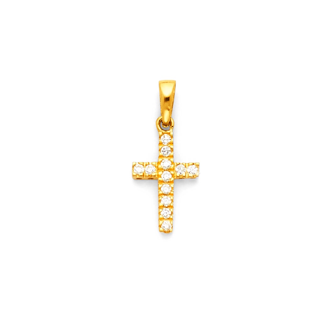 14KY CZ CROSS PENDANT: 14KY CZ Cross Pendant Type: Pendant Material Type: 14k Gold Material Color: Yellow Avg. Weight: 0.45 Gr. Size: Height : 13 mm,Width : 8 mm Accessories: None Notice: When purchasing pre-owned goods,