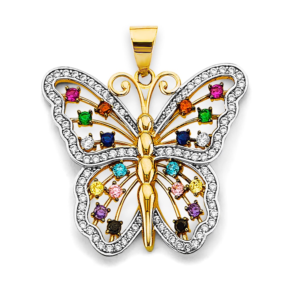 14K 2T MULTI COLOR CZ BIG BUTTERFLY PENDANT: 14K 2T Multi Color CZ Big Butterfly Pendant Type: Pendant Material Type: 14k Gold Material Color: Two Tone Avg. Weight: 4.06 Gr. Size: Height : 35 mm, Width : 30 mm Accessories: None Notice: When