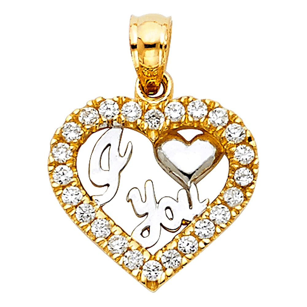 14K 2T CZ I LOVE YOU HEART PENDANT: 14K 2T CZ I Love You Heart Pendant Type: Pendant Material Type: 14k Gold Material Color: Two Tone Avg. Weight: 1.11 Gr. Size: Height : 14 mm,Width : 15 mm Accessories: None Notice: When purchasing