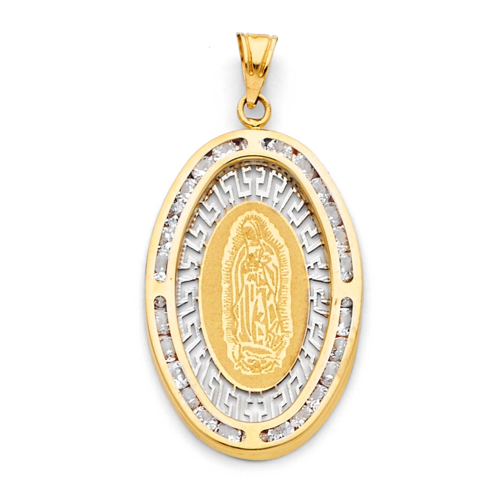 14KY GUADALUPE CZ PENDANT: 14KY Guadalupe CZ Pendant Type: Pendant Material Type: 14k Gold Material Color: Yellow Avg. Weight: 1.92 Gr. Size: Height : 30 mm Width : 20 mm Accessories: None Notice: When purchasing pre-owned