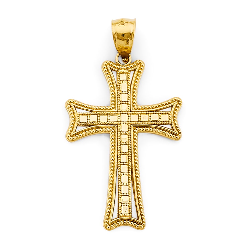 14KY FANCY CROSS PENDANT: 14KY Fancy Cross Pendant Type: Pendant Material Type: 14k Gold Material Color: Yellow Avg. Weight: 2.22 Gr. Size: Height : 40 mm, Width : 20 mm Accessories: None Notice: When purchasing pr