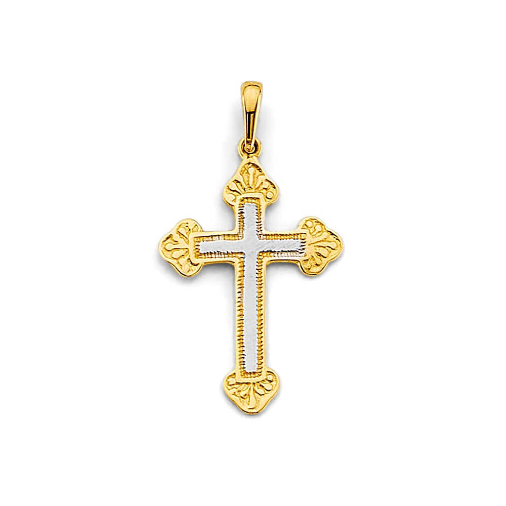 14K 2T CROSS PENDANT: 14K 2T Cross Pendant Type: Pendant Material Type: 14k Gold Material Color: Two Tone Avg. Weight: 0.86 Gr. Size: Height : 28 mm, Width : 15 mm Accessories: None Notice: When purchasing pre-owned