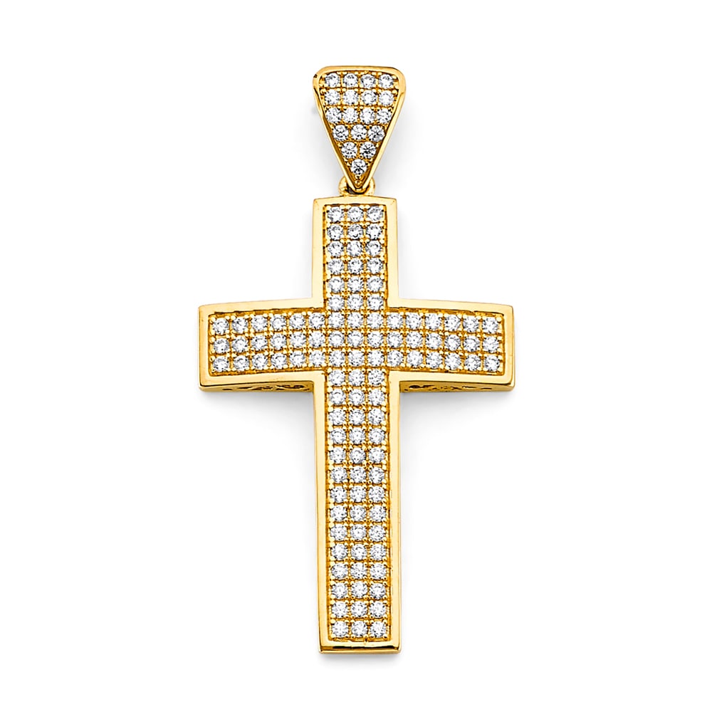 14KY CZ CROSS PENDANT: 14KY CZ Cross Pendant Type: Pendant Material Type: 14k Gold Material Color: Yellow Avg. Weight: 4.56 Gr. Size: Height : 45 mm, Width : 25 mm Accessories: None Notice: When purchasing pre-owned goods,