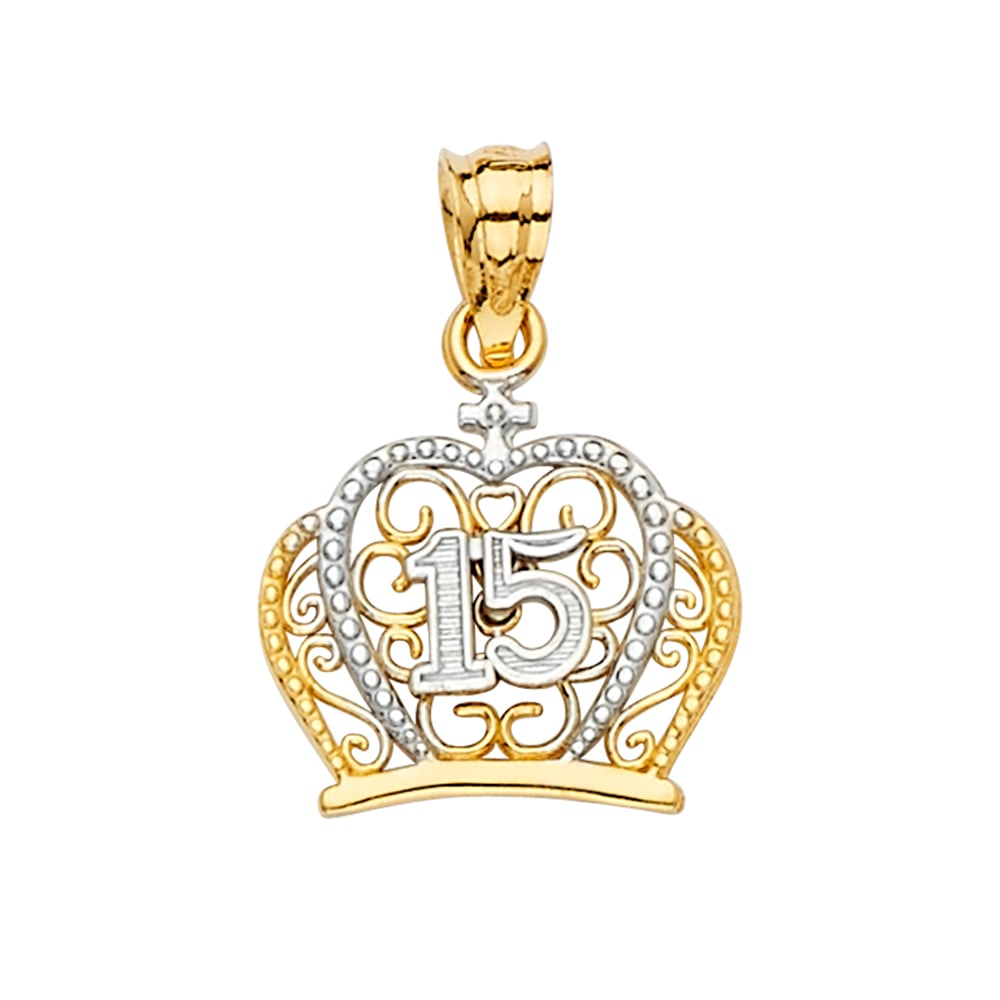 14K 2T CZ CROWN PENDANT: 14K 2T CZ Crown Pendant Type: Pendant Material Type: 14k Gold Material Color: Two Tone Avg. Weight: 1.19 Gr. Size: Height : 15 mm,Width : 15 mm Accessories: None Notice: When purchasing pre-owned