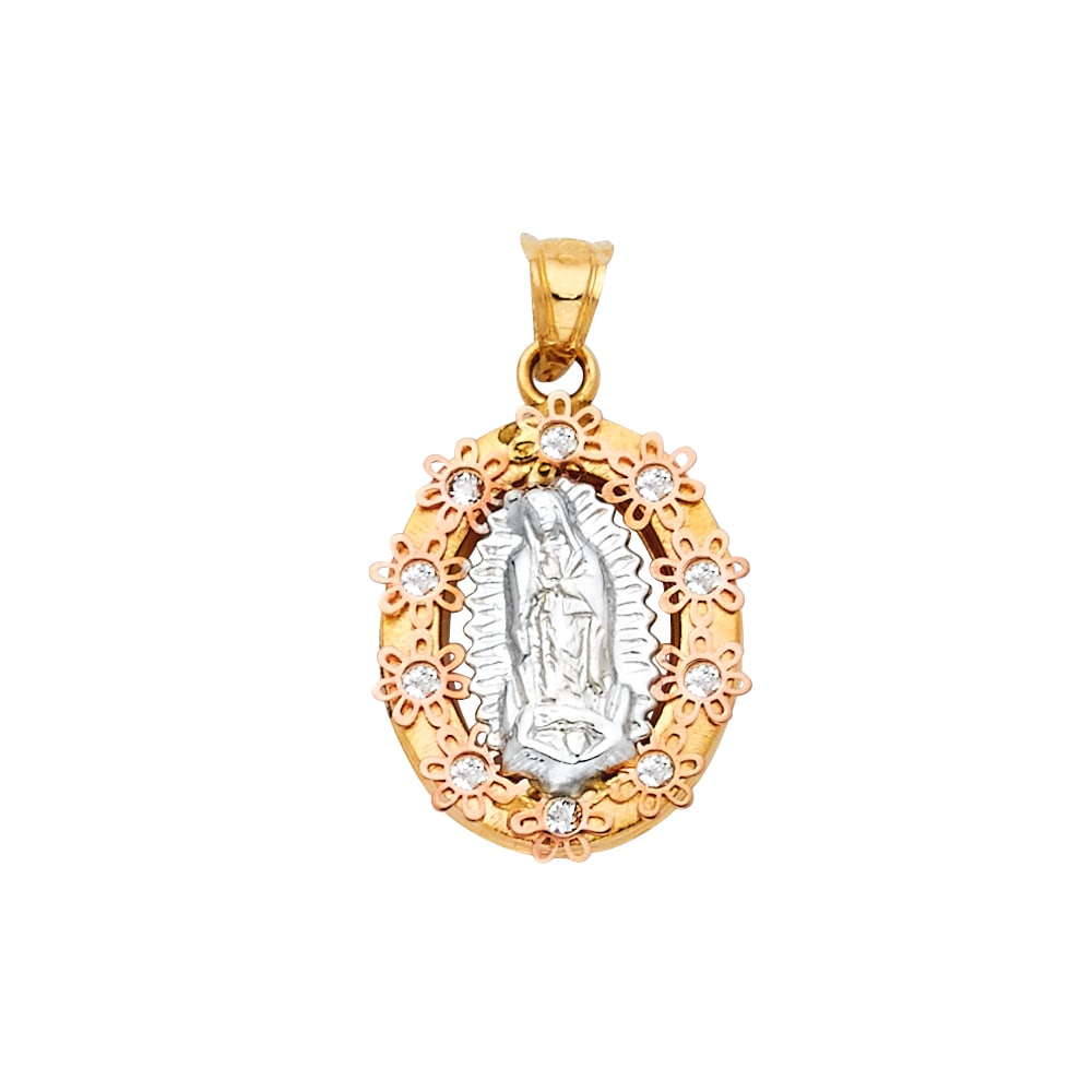 14K 2T OUR LADY OF GUADALUPE PENDANT: 14K 2T Our Lady of Guadalupe Pendant Type: Pendant Material Type: 14k Gold Material Color: Two Tone Avg. Weight: 1.37 Gr. Size: Height : 15 mm Width : 18 mm Accessories: None Notice: When
