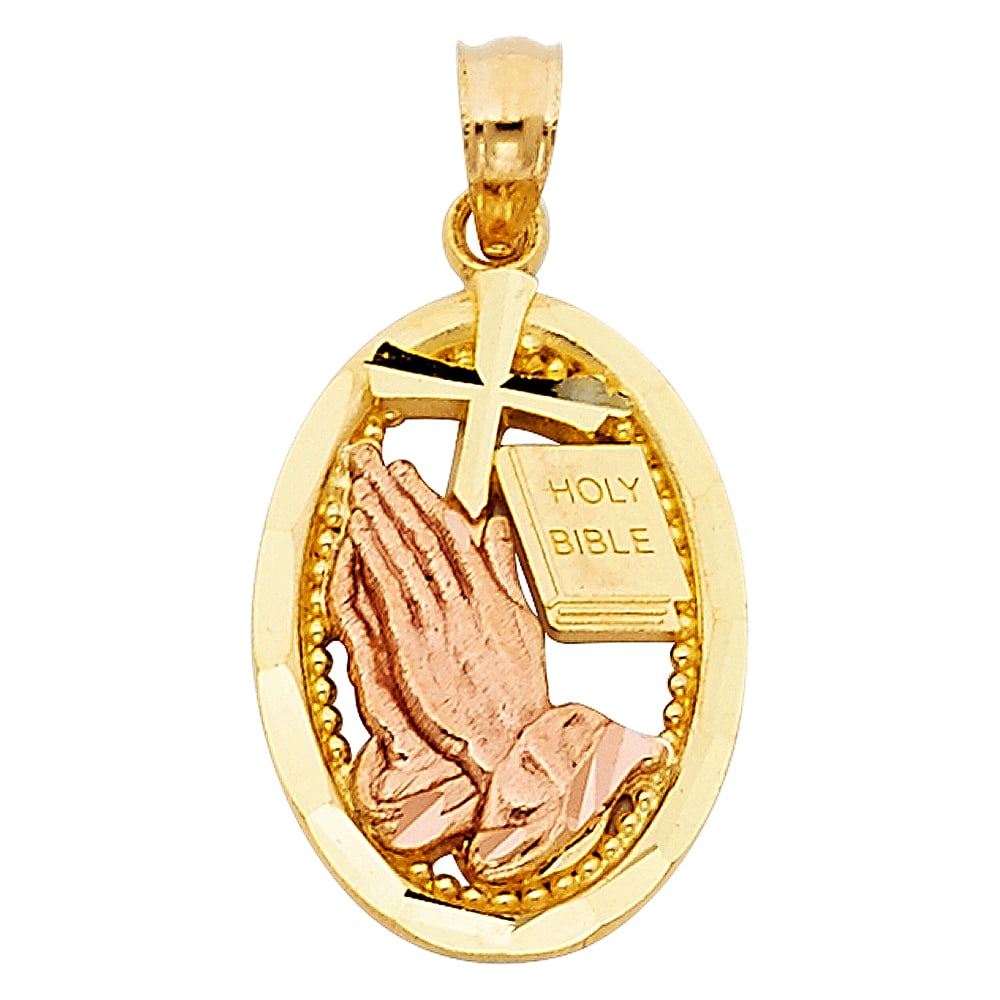 14K 2T PRAYING HANDS PENDANT: 14K 2T Praying Hands Pendant Type: Pendant Material Type: 14k Gold Material Color: Two Tone Avg. Weight: 1.39 Gr. Size: Height : 19 mm,Width : 14 mm Accessories: None Notice: When purchasi