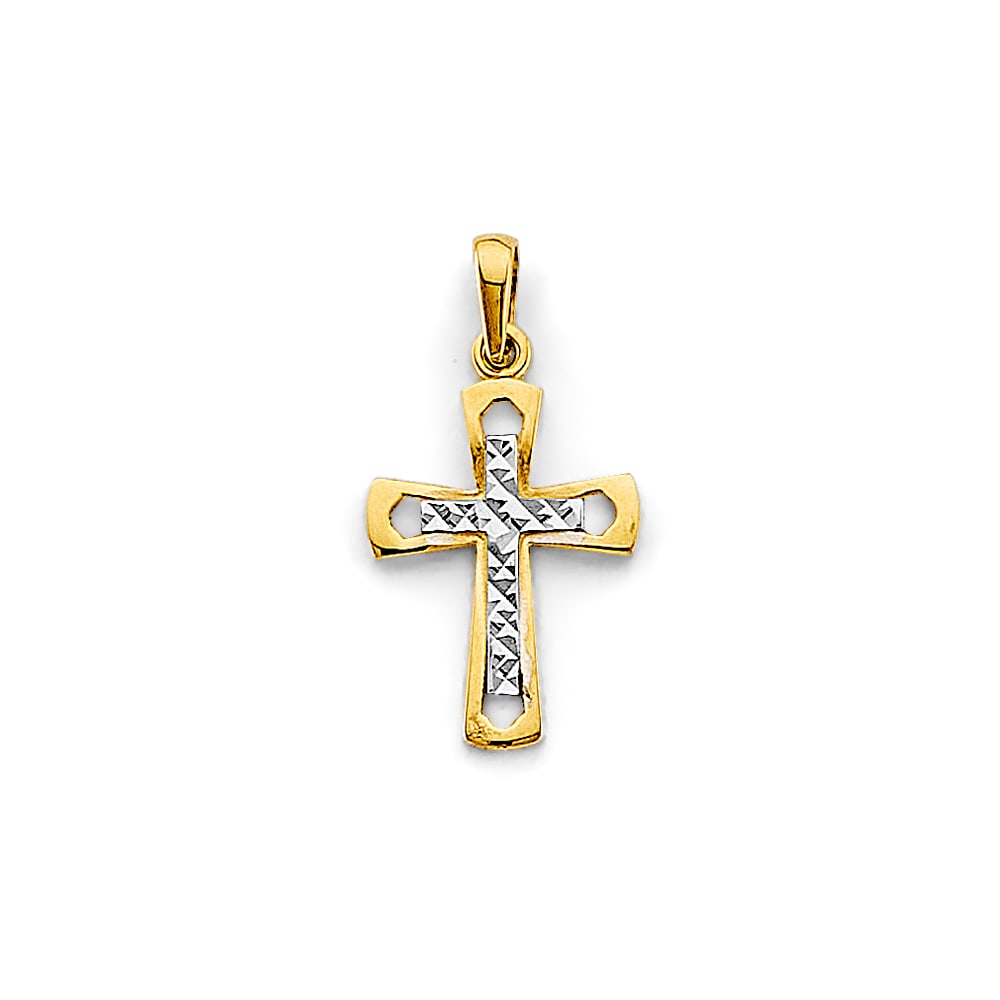 14K 2T SMALL CROSS PENDANT: 14K 2T Small Cross Pendant Type: Pendant Material Type: 14k Gold Material Color: Two Tone Avg. Weight: 0.63 Gr. Size: Height : 20 mm, Width : 10 mm Accessories: None Notice: When purchasin
