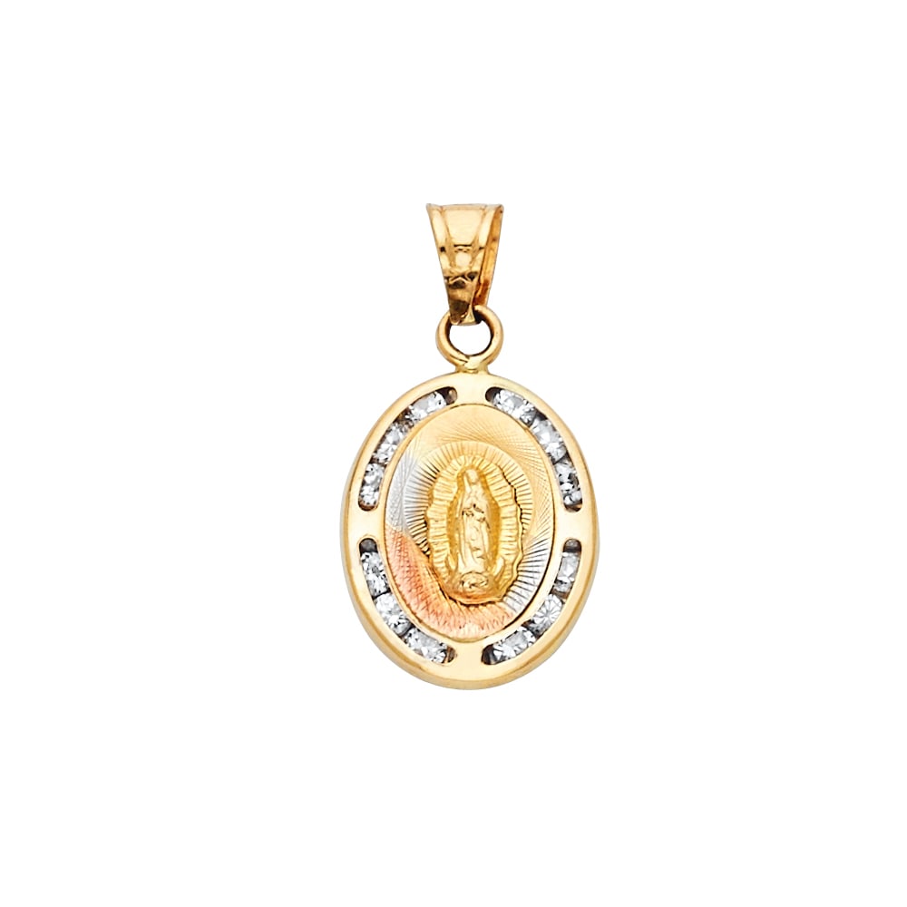 14KY CZ OUR LADY OF GUADALUPE PENDANT: 14KY CZ Our Lady of Guadalupe Pendant Type: Pendant Material Type: 14k Gold Material Color: Yellow Avg. Weight: 0.95 Gr. Size: Height : 12 mm Width : 15 mm Accessories: None Notice: When p