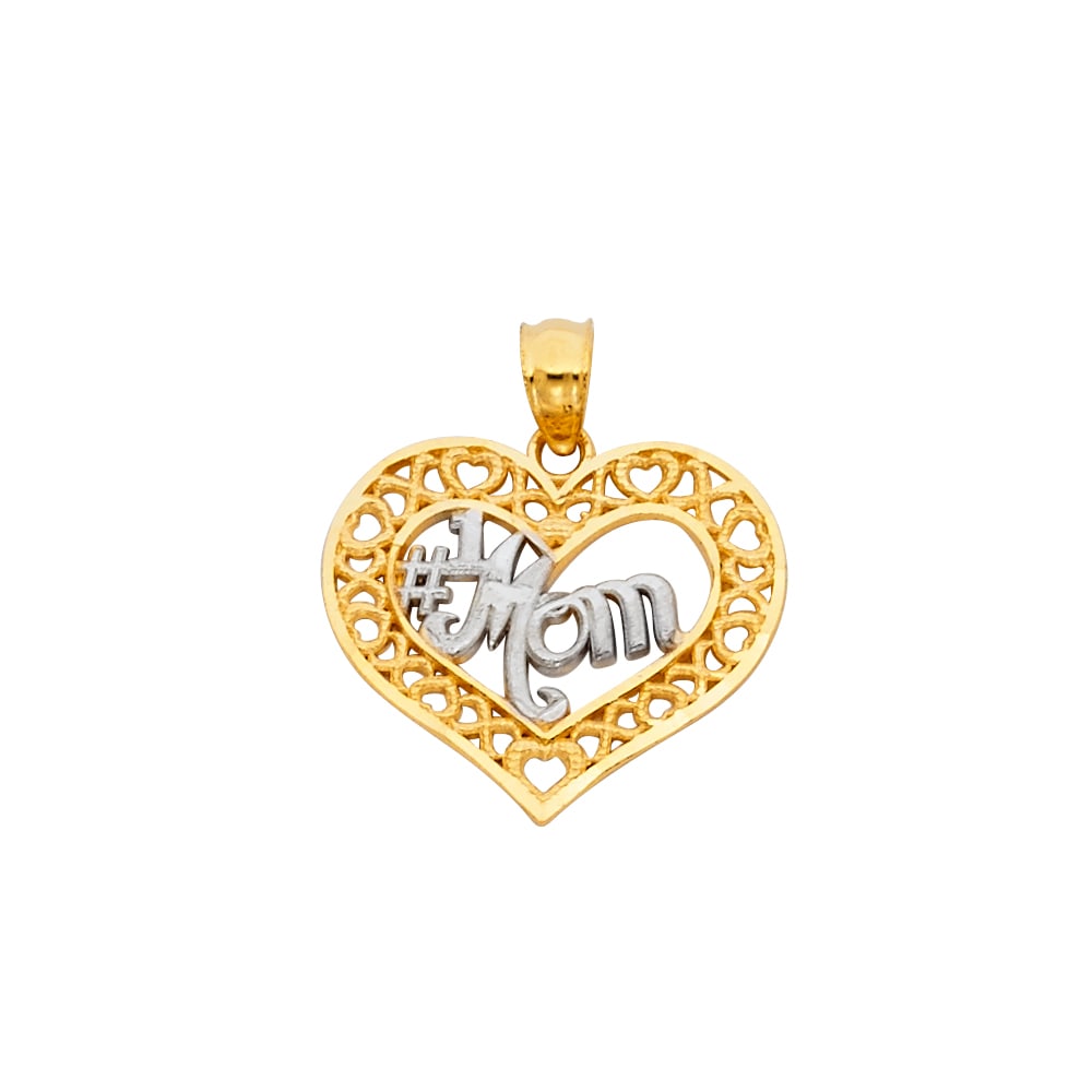 14K 2T MOM HEART PENDANT: 14K 2T Mom Heart Pendant Type: Pendant Material Type: 14k Gold Material Color: Two Tone Avg. Weight: 1.03 Gr. Size: Height : 15 mm,Width : 18 mm Accessories: None Notice: When purchasing p