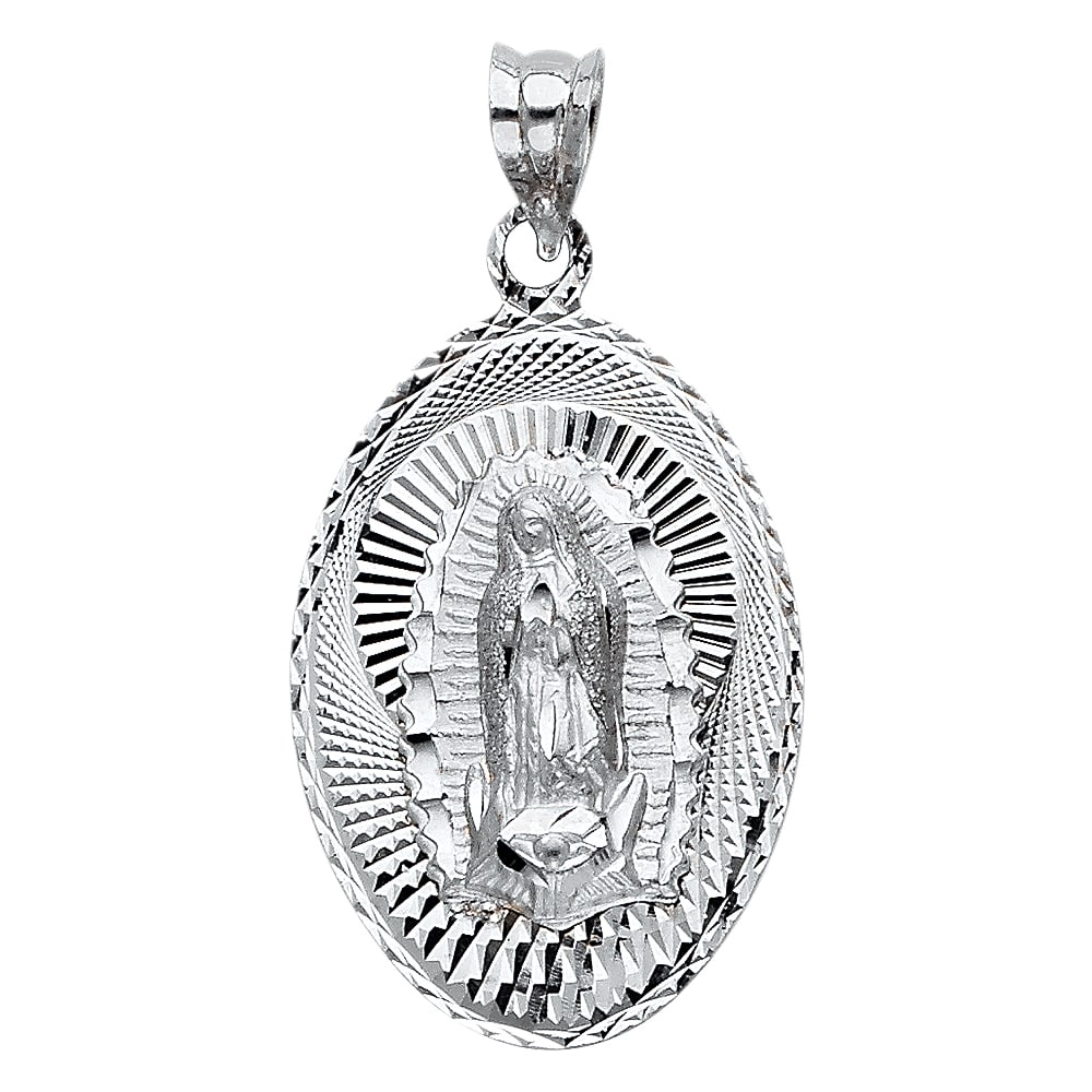 14KW OUR LADY OF GUADALUPE PENDANT: 14KW Our Lady of Guadalupe Pendant Type: Pendant Material Type: 14k Gold Material Color: White Avg. Weight: 2.32 Gr. Size: Height : 25 mm Width : 17 mm Accessories: None Notice: When purch