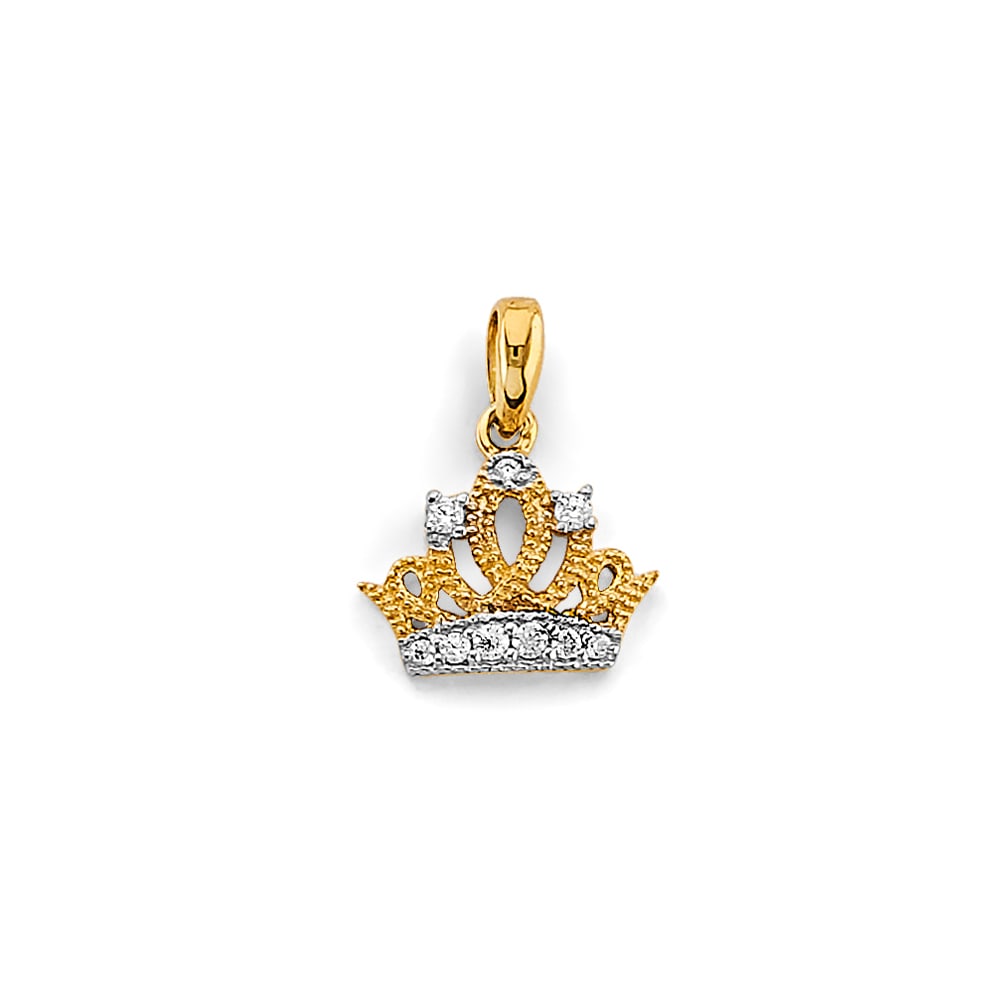 14K 2T SMALL CROWN PENDANT: 14K 2T Small Crown Pendant Type: Pendant Material Type: 14k Gold Material Color: Two Tone Avg. Weight: 0.87 Gr. Size: Height : 15 mm, Width : 12 mm Accessories: None Notice: When purchasin