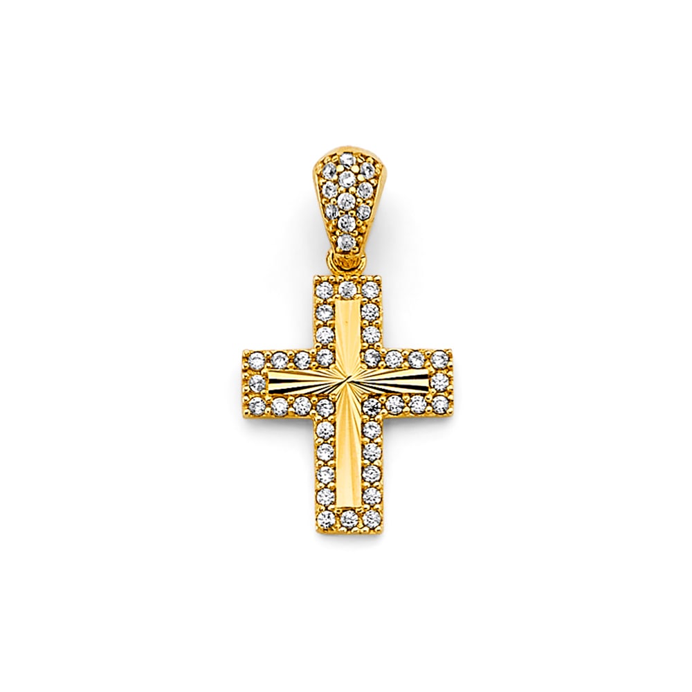 14KY CZ CROSS PENDANT: 14KY CZ Cross Pendant Type: Pendant Material Type: 14k Gold Material Color: Yellow Avg. Weight: 1.49 Gr Size: Height : 25 mm, Width : 13 mm Accessories: None Notice: When purchasing pre-ow