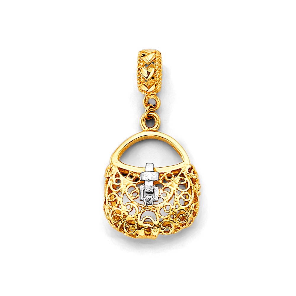 14K 2T PURSE CHARM FOR MIX&MATCH BRACELET: 14K 2T Purse Charm for Mix&Match Bracelet Type: Pendant Material Type: 14k Gold Material Color: Two Tone Avg. Weight: 1.7 Gr. Size: Height : 25 mm, Width : 13 mm Accessories: None Notice: