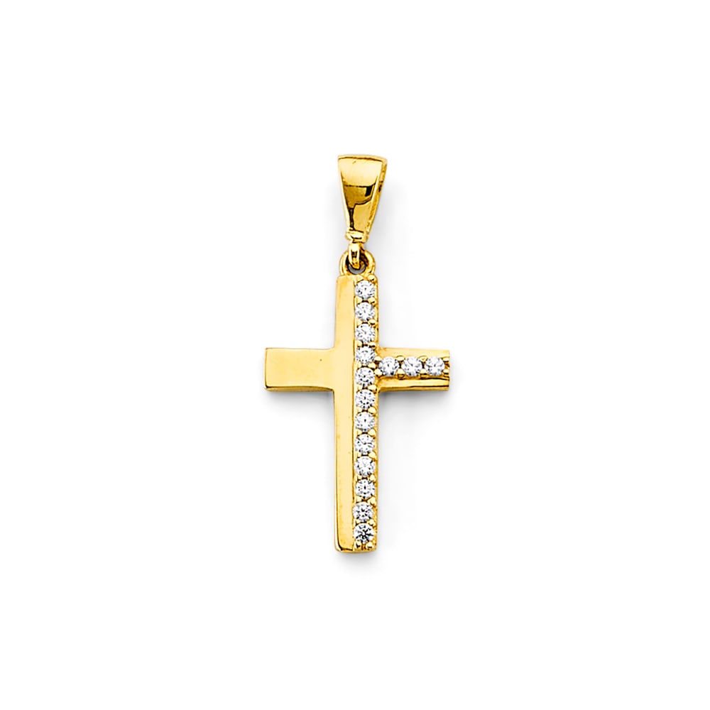 14KY CZ CROSS PENDANT: 14KY CZ Cross Pendant Type: Pendant Material Type: 14k Gold Material Color: Yellow Avg. Weight: 1.13 Gr. Size: Height : 25 mm, Width : 10 mm Accessories: None Notice: When purchasing pre-o