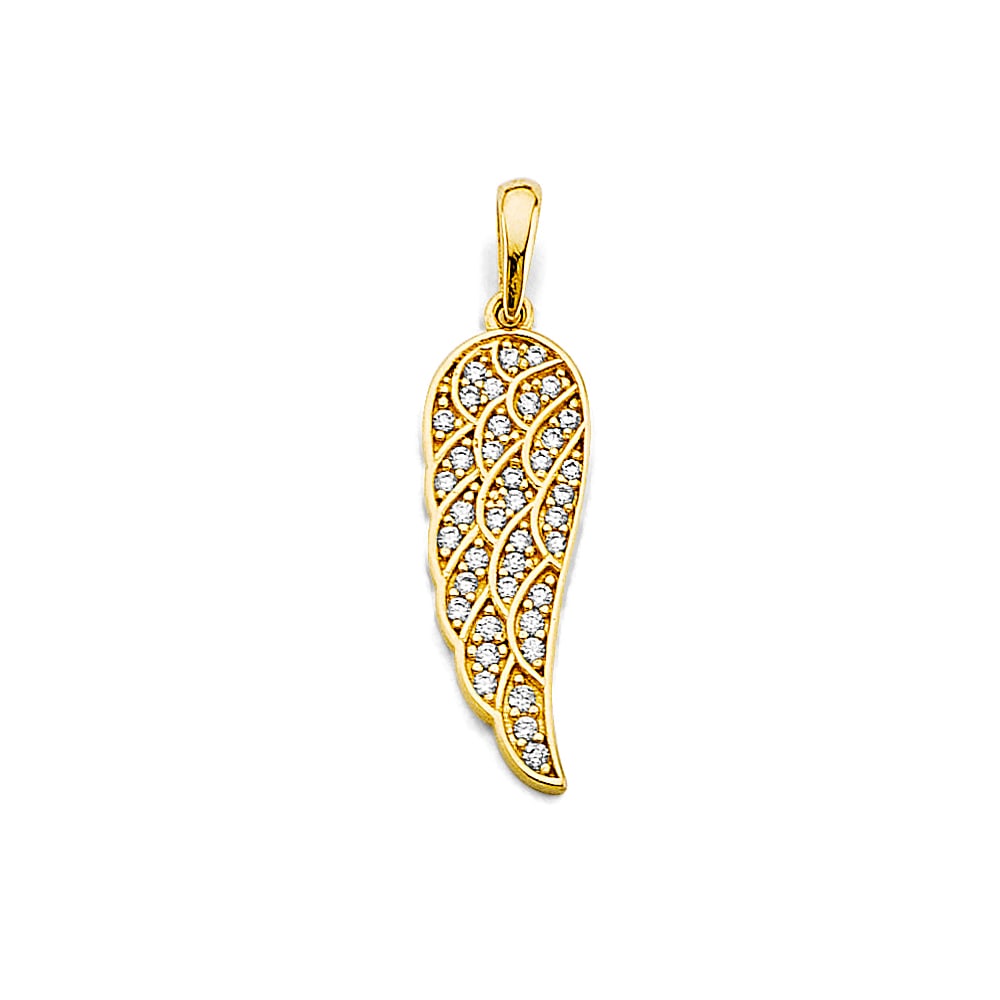 14K 2T CZ WING PENDANT: 14K 2T CZ Wing Pendant Type: Pendant Material Type: 14k Gold Material Color: Two Tone Avg. Weight: 1.12 Gr. Size: Height : 25 mm, Width : 7 mm Accessories: None Notice: When purchasing pre-owned