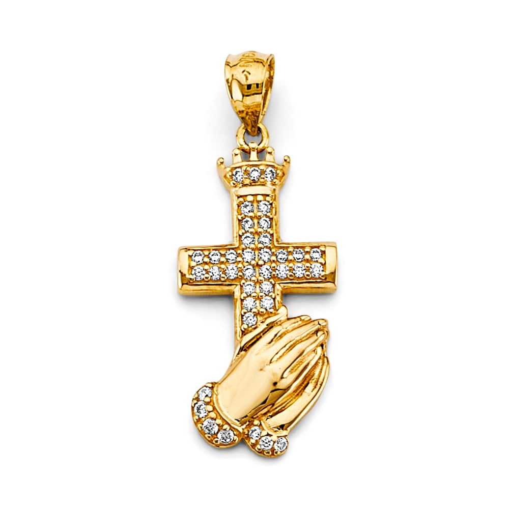14KY CZ PRAYING HAND WITH CROSS PENDANT: 14KY CZ Praying Hand with Cross Pendant Type: Pendant Material Type: 14k Gold Material Color: Yellow Avg. Weight: 2.62 Gr. Size: Height : 33 mm, Width : 13 mm Accessories: None Notice: Whe
