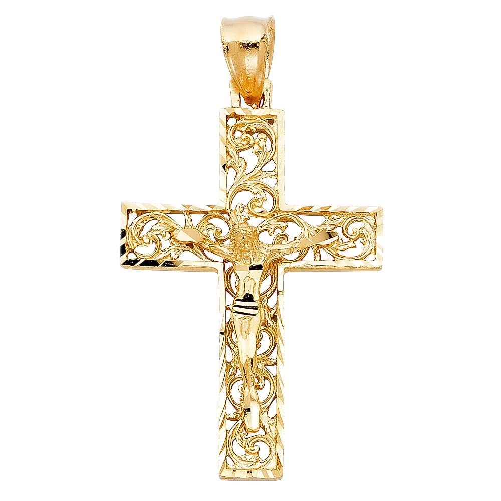 14KY FANCY CRUCUFIX PENDANT: 14KY Fancy Crucufix Pendant Type: Pendant Material Type: 14k Gold Material Color: Yellow Avg. Weight: 4.48 Gr. Size: Height : 40 mm Width : 28 mm Accessories: None Notice: When purchasing