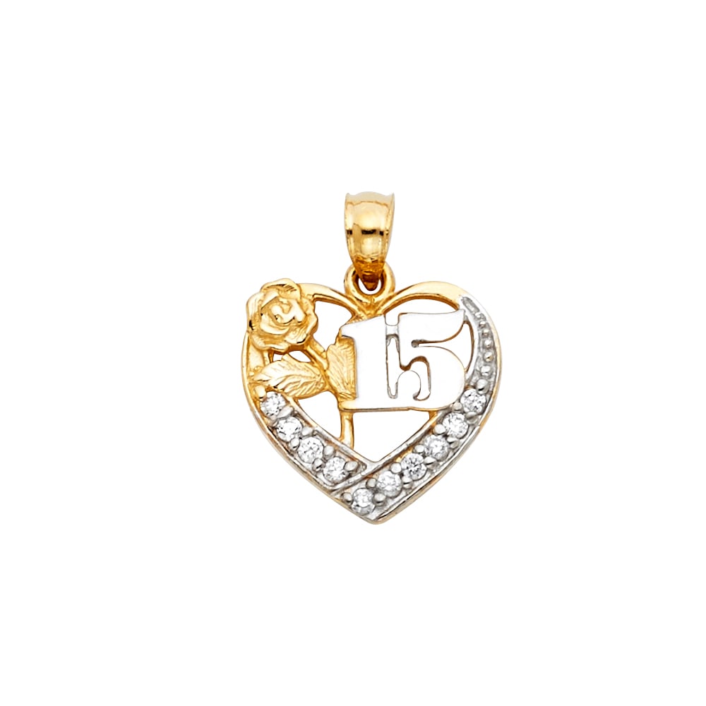 14K 2T CZ 15 YEARS HEART PENDANT: 14K 2T CZ 15 Years Heart Pendant Type: Pendant Material Type: 14k Gold Material Color: Two Tone Avg. Weight: 1.41 Gr. Size: Height : 15 mm,Width : 15 mm Accessories: None Notice: When purc