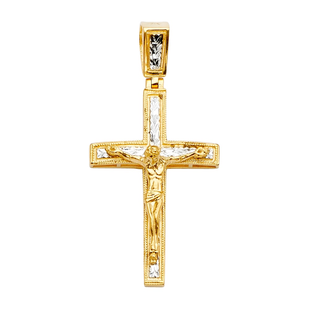 14K 2T CRUCUFIX CROSS PENDANT: 14K 2T Crucufix Cross Pendant Type: Pendant Material Type: 14k Gold Material Color: Two Tone Avg. Weight: 4.96 Gr. Size: Height : 48 mm,Width : 25 mm Accessories: None Notice: When purchas