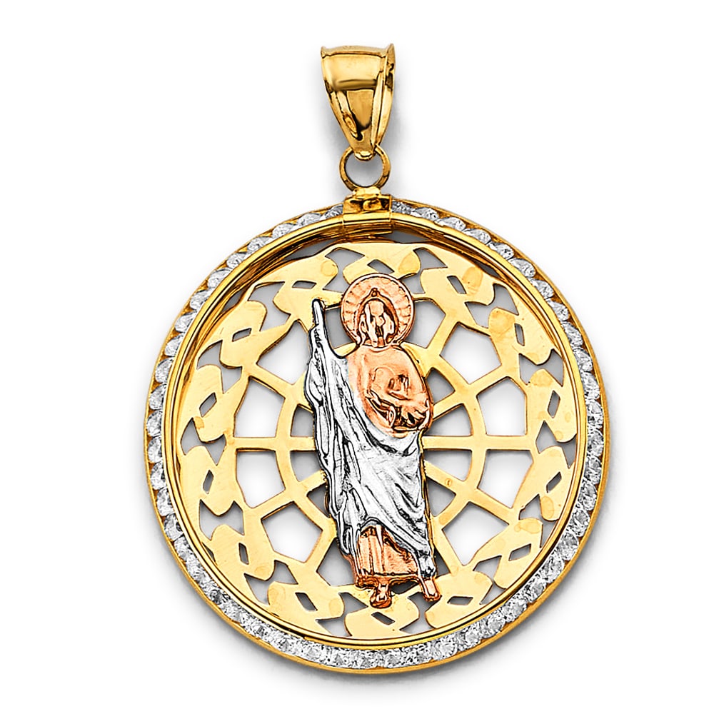 14K 3C CZ ROUND ST. JUDE THADDEUS PENDANT: 14K 3C CZ Round St. Jude Thaddeus Pendant Type: Pendant Material Type: 14k Gold Material Color: Tri Color Avg. Weight: 3.64 Gr. Size: Height : 40 mm, Width : 30 mm Accessories: None Notice