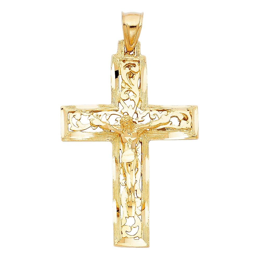 14KY FANCY CRUCUFIX PENDANT: 14KY Fancy Crucufix Pendant Type: Pendant Material Type: 14k Gold Material Color: Yellow Avg. Weight: 4.46 Gr. Size: Height : 40 mm Width : 28 mm Accessories: None Notice: When purchasing
