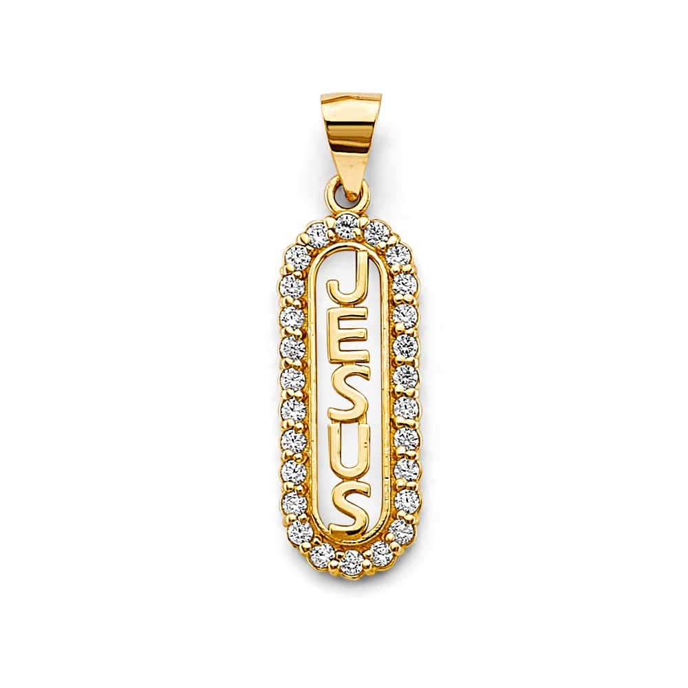 14KY CZ JESUS PENDANT: 14KY CZ Jesus Pendant Type: Pendant Material Type: 14k Gold Material Color: Yellow Avg. Weight: 1.67 Gr. Size: Height : 30 mm, Width : 8 mm Accessories: None Notice: When purchasing pre-ow