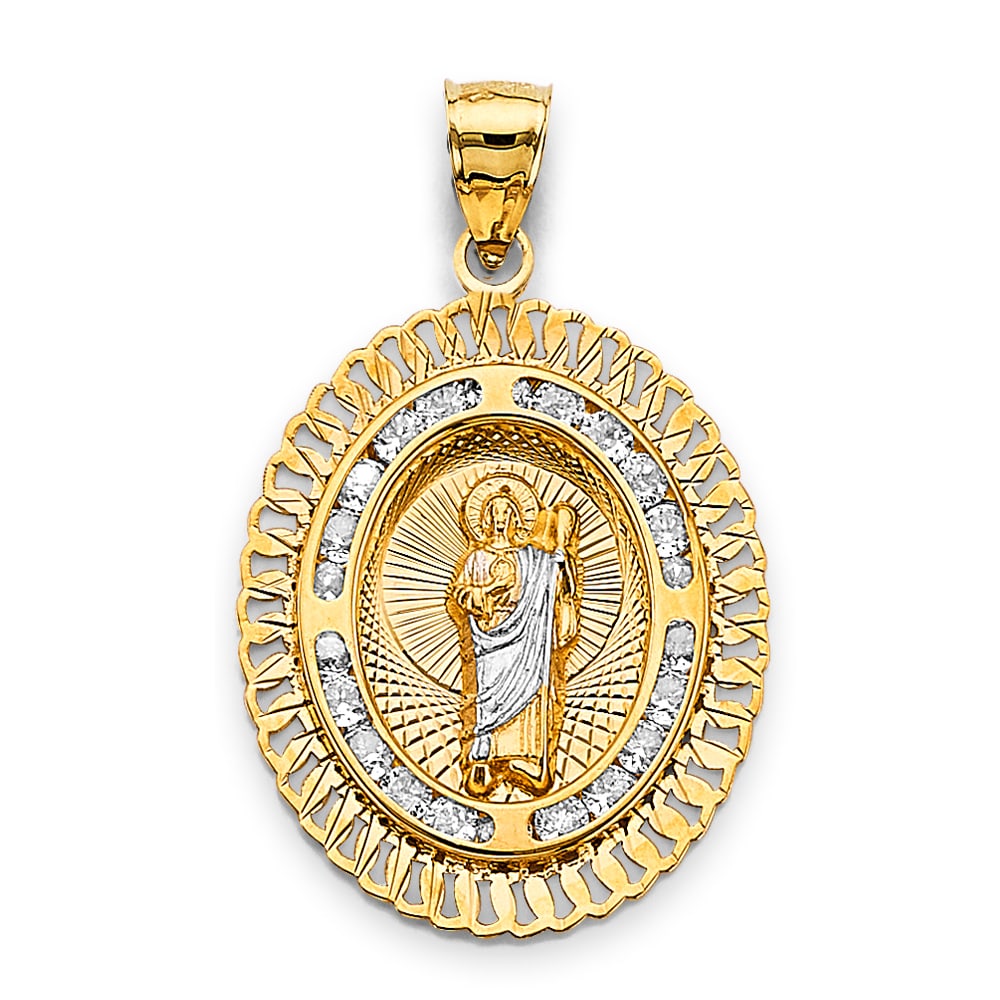 14K 3C CZ OVAL ST. JUDE THADDEUS PENDANT: 14K 3C CZ Oval St. Jude Thaddeus Pendant Type: Pendant Material Type: 14k Gold Material Color: Tri Color Avg. Weight: 2 Gr. Size: Height : 35 mmWidth : 22 mm Accessories: None Notice: When