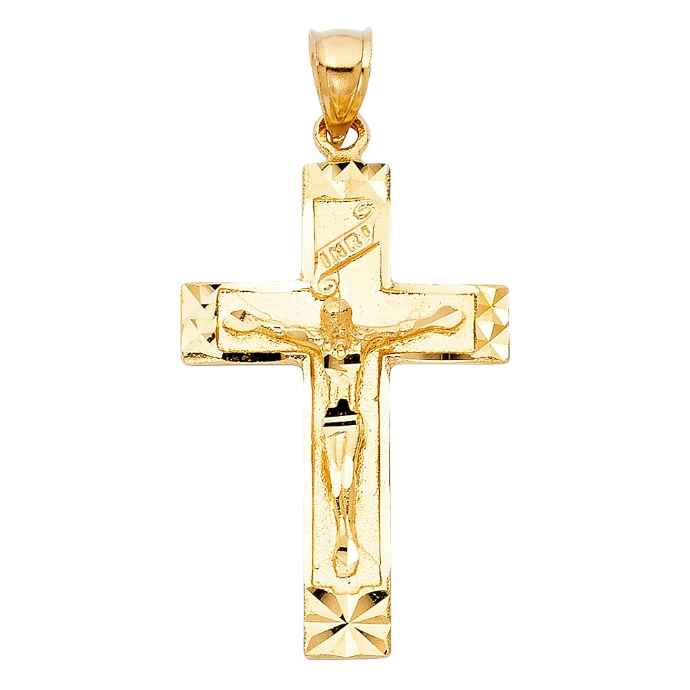 14KY FANCY CRUCUFIX PENDANT: 14KY Fancy Crucufix Pendant Type: Pendant Material Type: 14k Gold Material Color: Yellow Avg. Weight: 3.85 Gr. Size: Height : 37 mm Width : 25 mm Accessories: None Notice: When purchasing