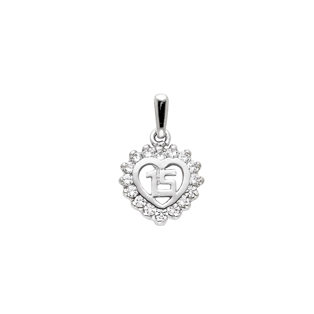 14KW CZ 15 YEARS HEART PENDANT: 14KW CZ 15 Years Heart Pendant Type: Pendant Material Type: 14k Gold Material Color: White Avg. Weight: 1.38 Gr. Size: Height : 10 mm,Width : 10 mm Accessories: None Notice: When purchasin