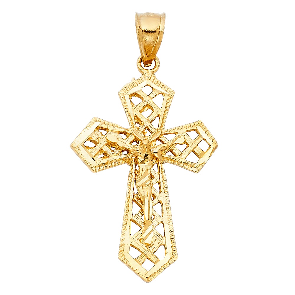 14KY FANCY CRUCUFIX PENDANT: 14KY Fancy Crucufix Pendant Type: Pendant Material Type: 14k Gold Material Color: Yellow Avg. Weight: 2.86 Gr. Size: Height : 32 mm Width : 23 mm Accessories: None Notice: When purchasing