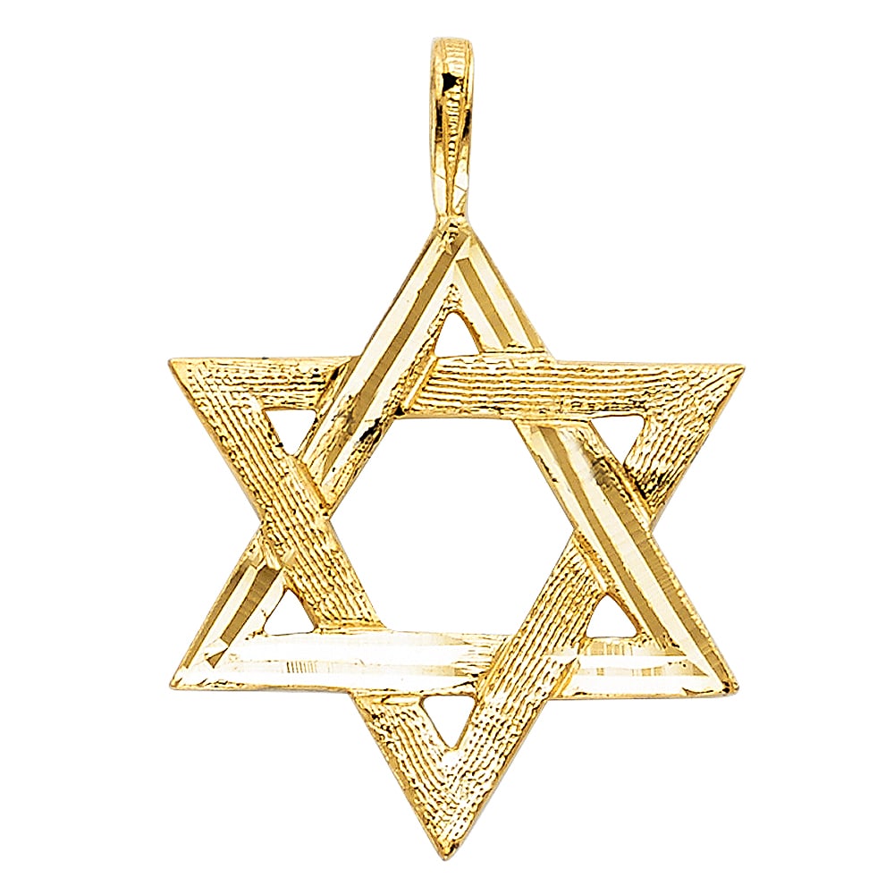 14KY STAR OF DAVID PENDANT: 14KY Star of David Pendant Type: Pendant Material Type: 14k Gold Material Color: Yellow Avg. Weight: 1.28 Gr. Size: Height : 25 mm,Width : 22 mm Accessories: None Notice: When purchasing pre-owned