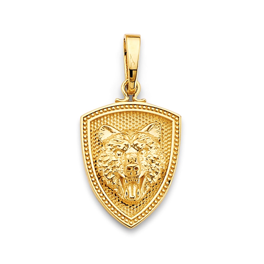 14KY SHIELD WITH TIGER FACE PENDANT: 14KY Shield with Tiger Face Pendant Type: Pendant Material Type: 14k Gold Material Color: Yellow Avg. Weight: 3.69 Gr. Size: Height : 30 mm, Width : 15 mm Accessories: None Notice: When pu