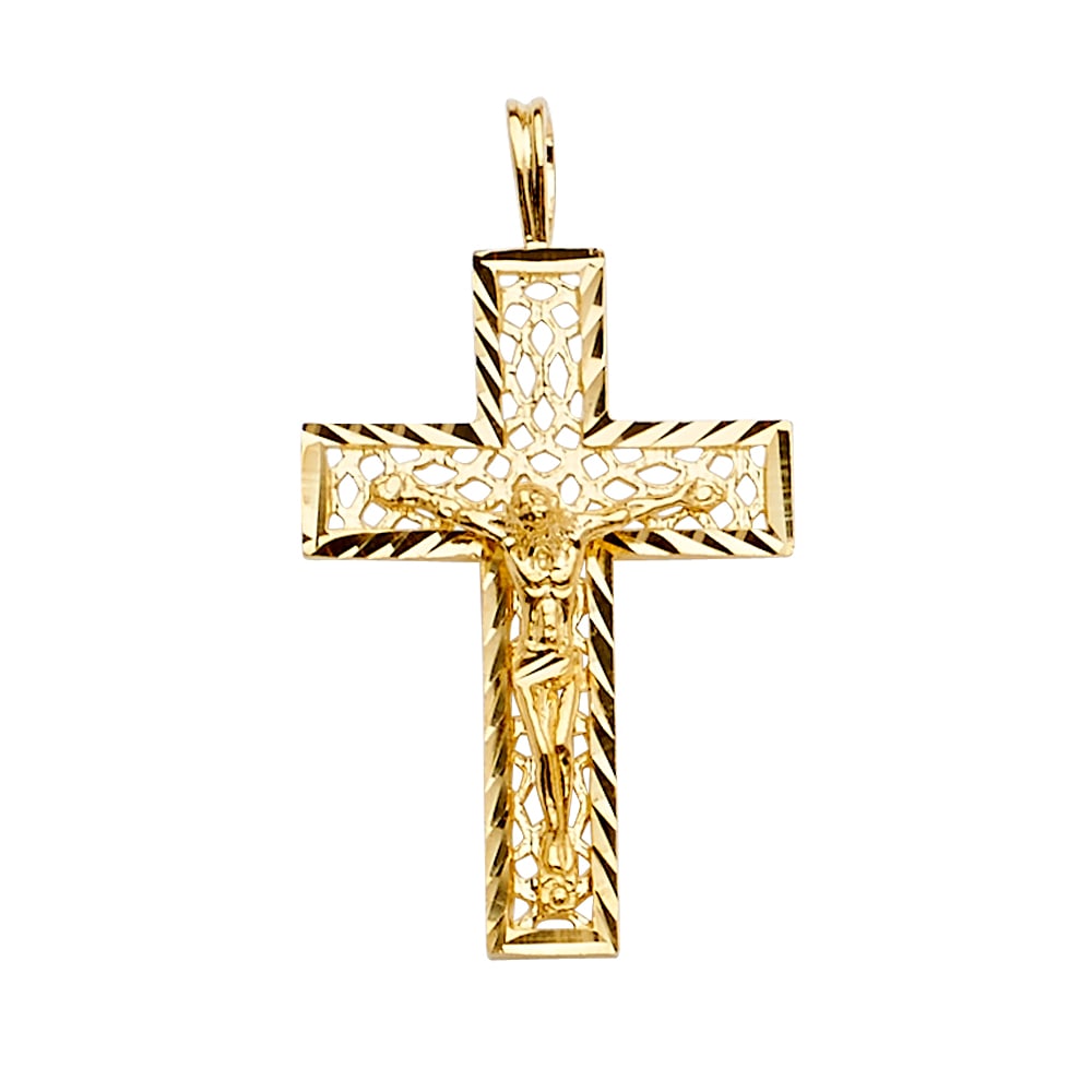 14KY CRUCUFIX CROSS PENDANT: 14KY Crucufix Cross Pendant Type: Pendant Material Type: 14k Gold Material Color: Yellow Avg. Weight: 1.77 Gr. Size: Height : 34 mm,Width : 19 mm Accessories: None Notice: When purchasing pre-owned