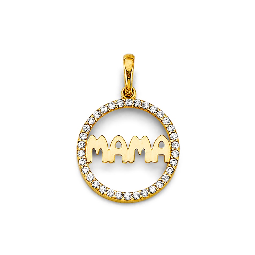 14KY CZ ROUND MAMA PENDANT: 14KY CZ Round Mama Pendant Type: Pendant Material Type: 14k Gold Material Color: Yellow Avg. Weight: 1.31 Gr. Size: Height : 25 mm, Width : 17 mm Accessories: None Notice: When purchasing