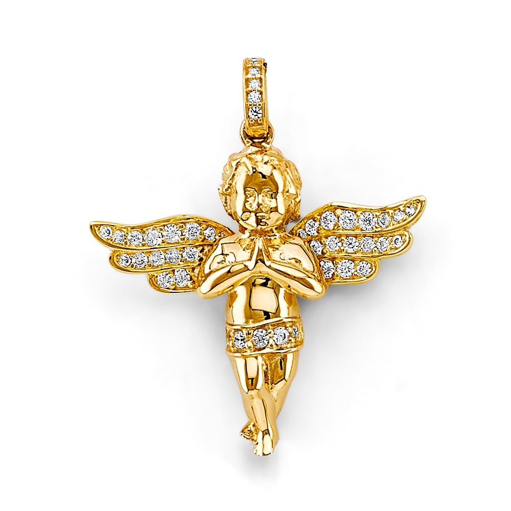 14KY CZ ANGEL PENDANT: 14KY CZ Angel Pendant Type: Pendant Material Type: 14k Gold Material Color: Yellow Avg. Weight: 4.57 Gr. Size: Height : 32 mm, Width : 30 mm Accessories: None Notice: When purchasing pre-o