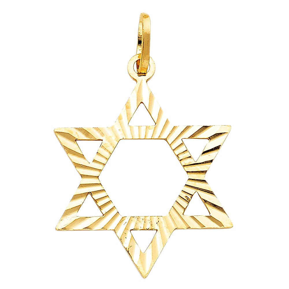 14KY STAR OF DAVID PENDANT: 14KY Star of David Pendant Type: Pendant Material Type: 14k Gold Material Color: Yellow Avg. Weight: 1.68 Gr. Size: Height : 25 mm,Width : 22 mm Accessories: None Notice: When purchasing pre-owned