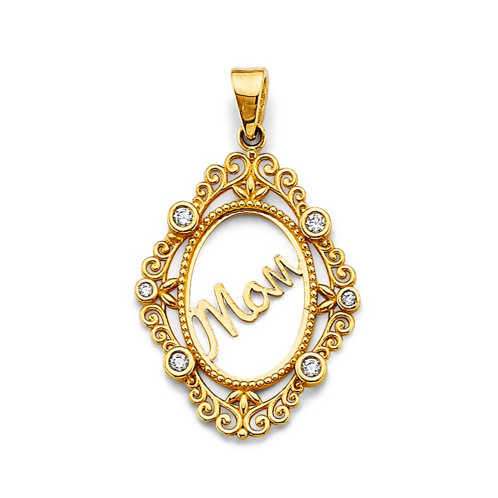 14K 2T CZ MOM PENDANT: 14K 2T CZ Mom Pendant Type: Pendant Material Type: 14k Gold Material Color: Two Tone Avg. Weight: 1.6 Gr Size: Height : 30 mm, Width : 20 mm Accessories: None Notice: When purchasing pre-o