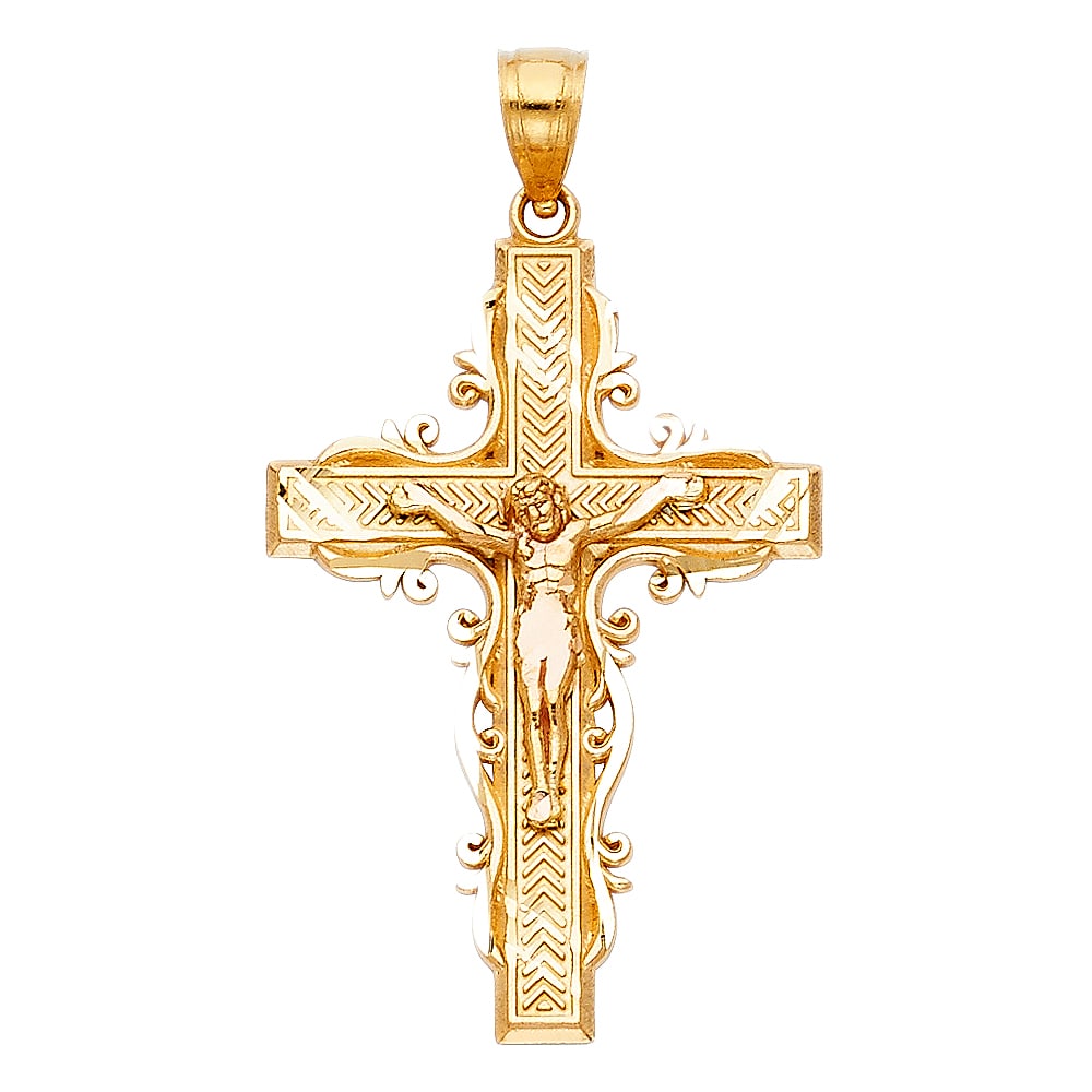 14KY FANCY CRUCUFIX PENDANT: 14KY Fancy Crucufix Pendant Type: Pendant Material Type: 14k Gold Material Color: Yellow Avg. Weight: 2.29 Gr. Size: Height : 34 mm Width : 23 mm Accessories: None Notice: When purchasing pre-owned