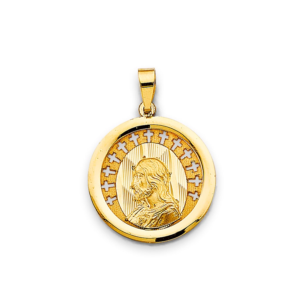 14KY RELIGIOUS PENDANT: 14KY Religious Pendant Type: Pendant Material Type: 14k Gold Material Color: Yellow Avg. Weight: 1.71 Gr. Size: Height : 25 mm, Width : 18 mm Accessories: None Notice: When purchasing pre-