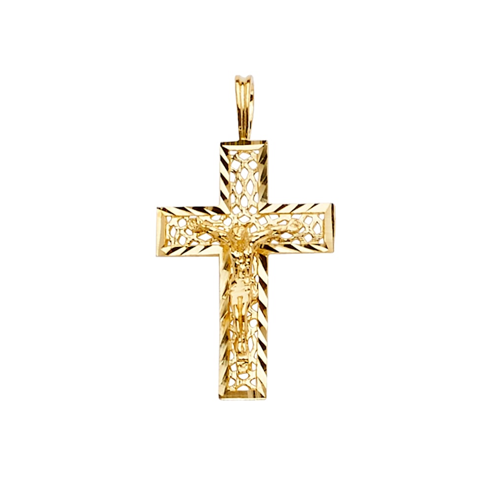 14KY CRUCUFIX CROSS PENDANT: 14KY Crucufix Cross Pendant Type: Pendant Material Type: 14k Gold Material Color: Yellow Avg. Weight: 1.05 Gr. Size: Height : 27 mm,Width : 15 mm Accessories: None Notice: When purchasing