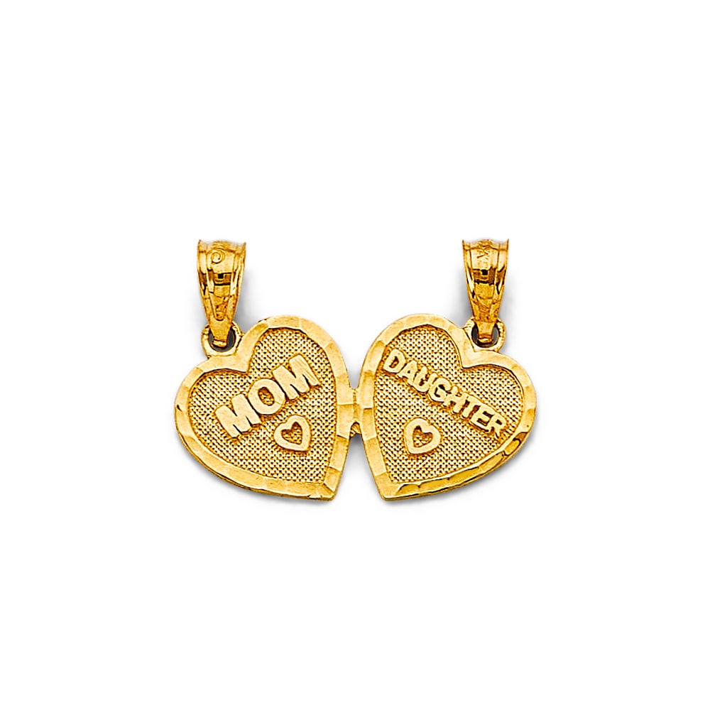 14KY HEART MOM/DAUGHTER PENDANT: 14KY Heart Mom/Daughter Pendant Type: Pendant Material Type: 14k Gold Material Color: Yellow Avg. Weight: 1.44 Gr. Size: Height : 15 mm, Width : 20 mm Accessories: None Notice: When purcha