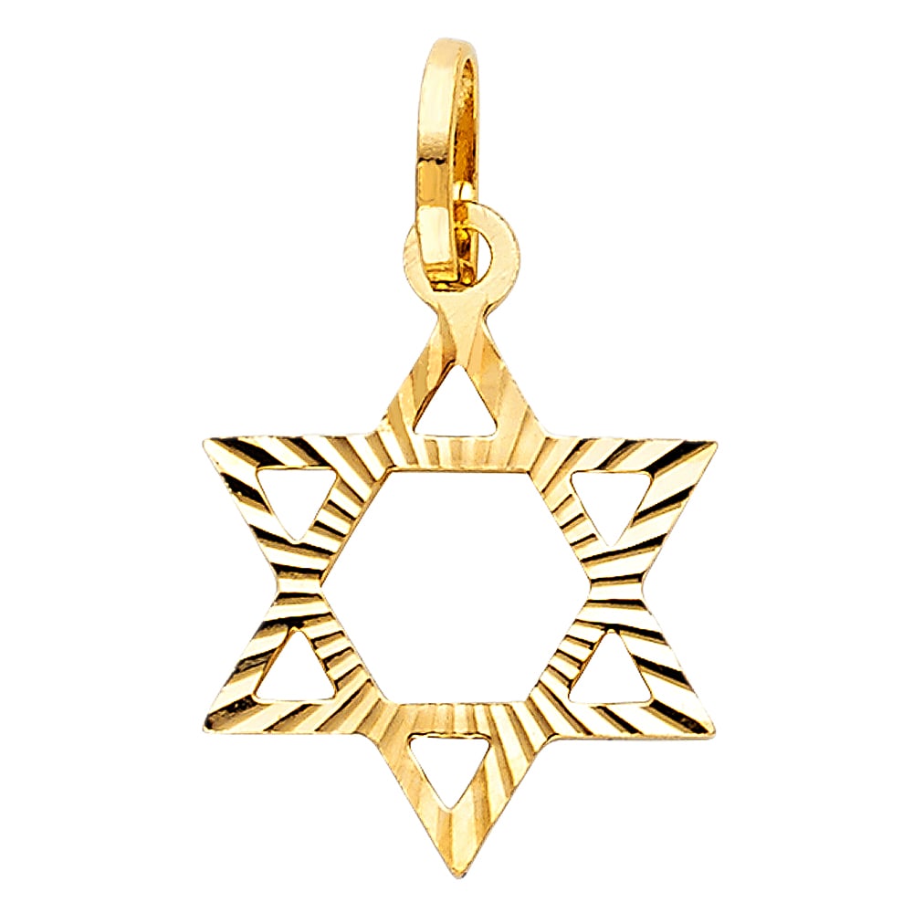 14KY STAR OF DAVID PENDANT: 14KY Star of David Pendant Type: Pendant Material Type: 14k Gold Material Color: Yellow Avg. Weight: 0.99 Gr. Size: Height : 17 mm,Width : 15 mm Accessories: None Notice: When purchasing p