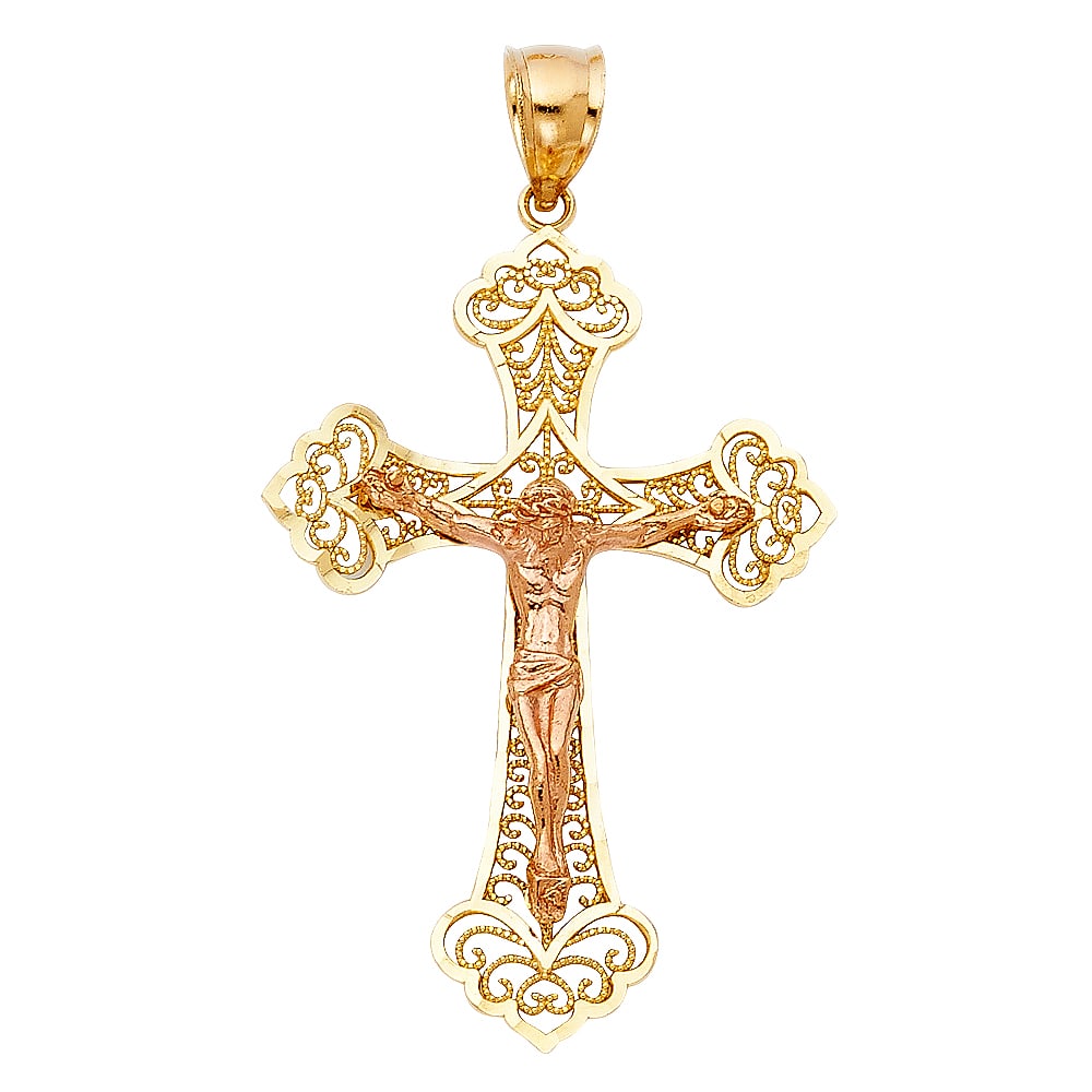 14K 2T FANCY CRUCUFIX PENDANT: 14K 2T Fancy Crucufix Pendant Type: Pendant Material Type: 14k Gold Material Color: Two Tone Avg. Weight: 3.45 Gr. Size: Height : 40 mm Width : 28 mm Accessories: None Notice: When purchas