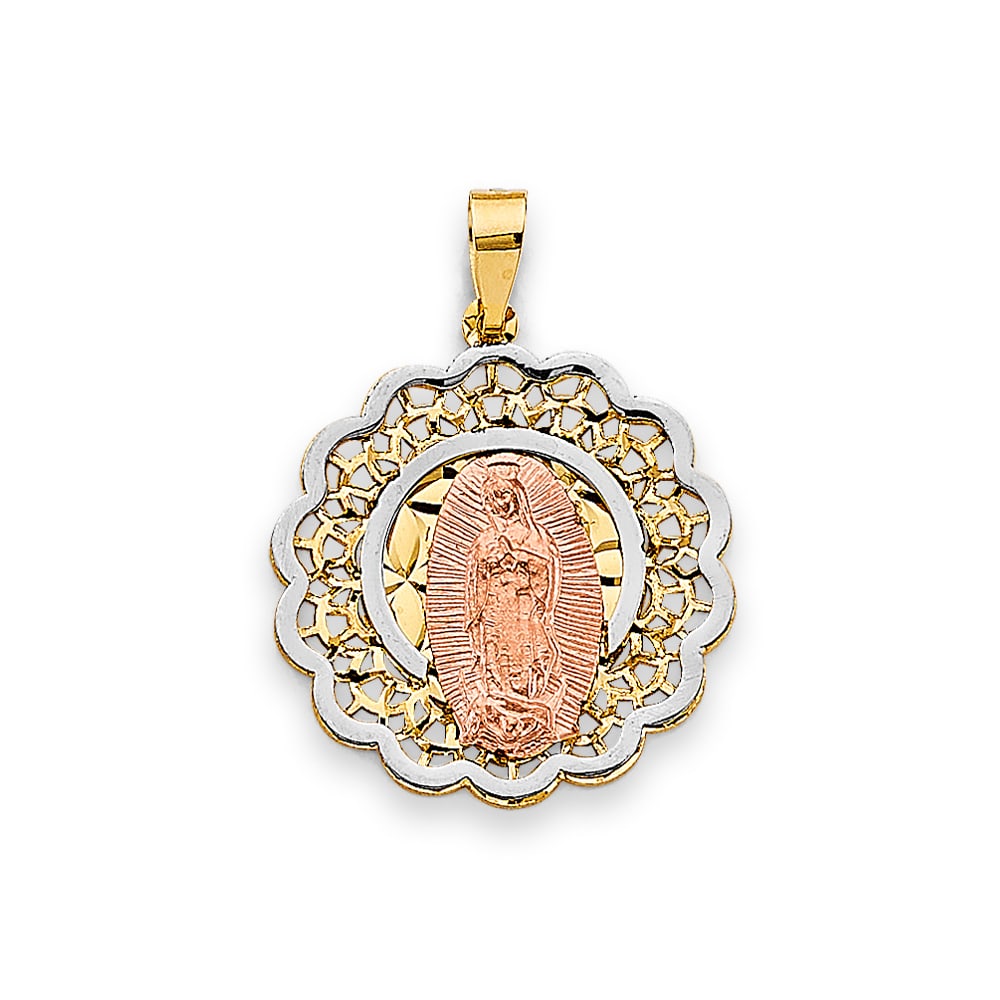14K 3C RELIGIOUS PENDANT: 14K 3C Religious Pendant Type: Pendant Material Type: 14k Gold Material Color: Tri Color Avg. Weight: 1.91 Gr. Size: Height : 25 mm, Width : 20 mm Accessories: None Notice: When purchasing
