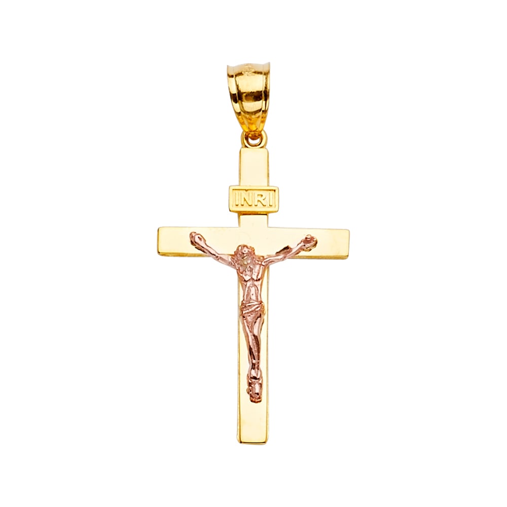 14K 2T CRUCUFIX CROSS PENDANT: 14K 2T Crucufix Cross Pendant Type: Pendant Material Type: 14k Gold Material Color: Two Tone Avg. Weight: 2.21 Gr. Size: Height : 39 mm,Width : 21 mm Accessories: None Notice: When purchas